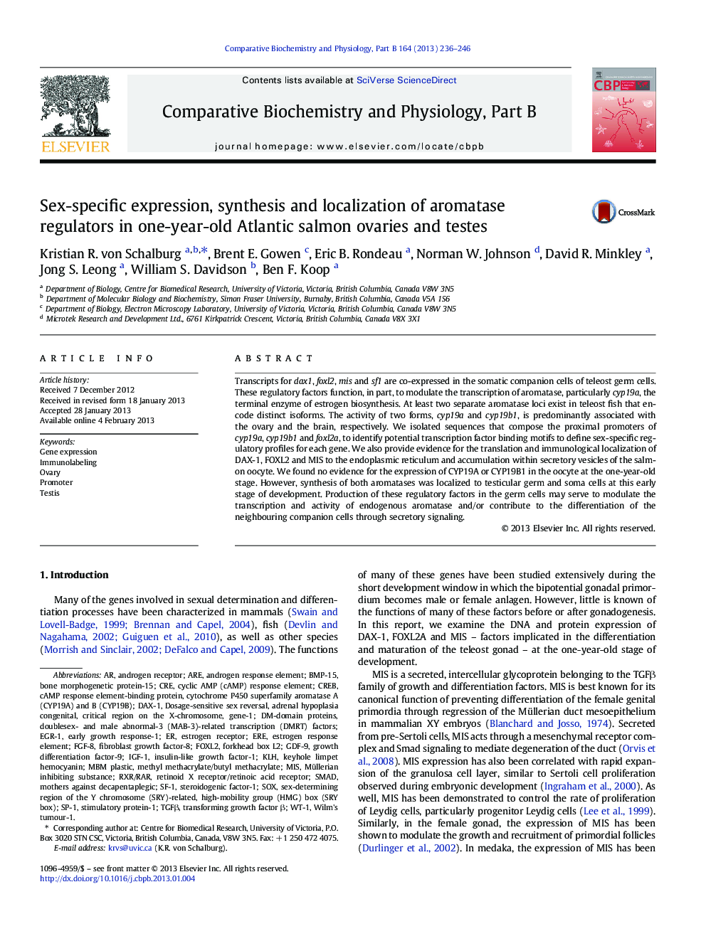 Sex-specific expression, synthesis and localization of aromatase regulators in one-year-old Atlantic salmon ovaries and testes