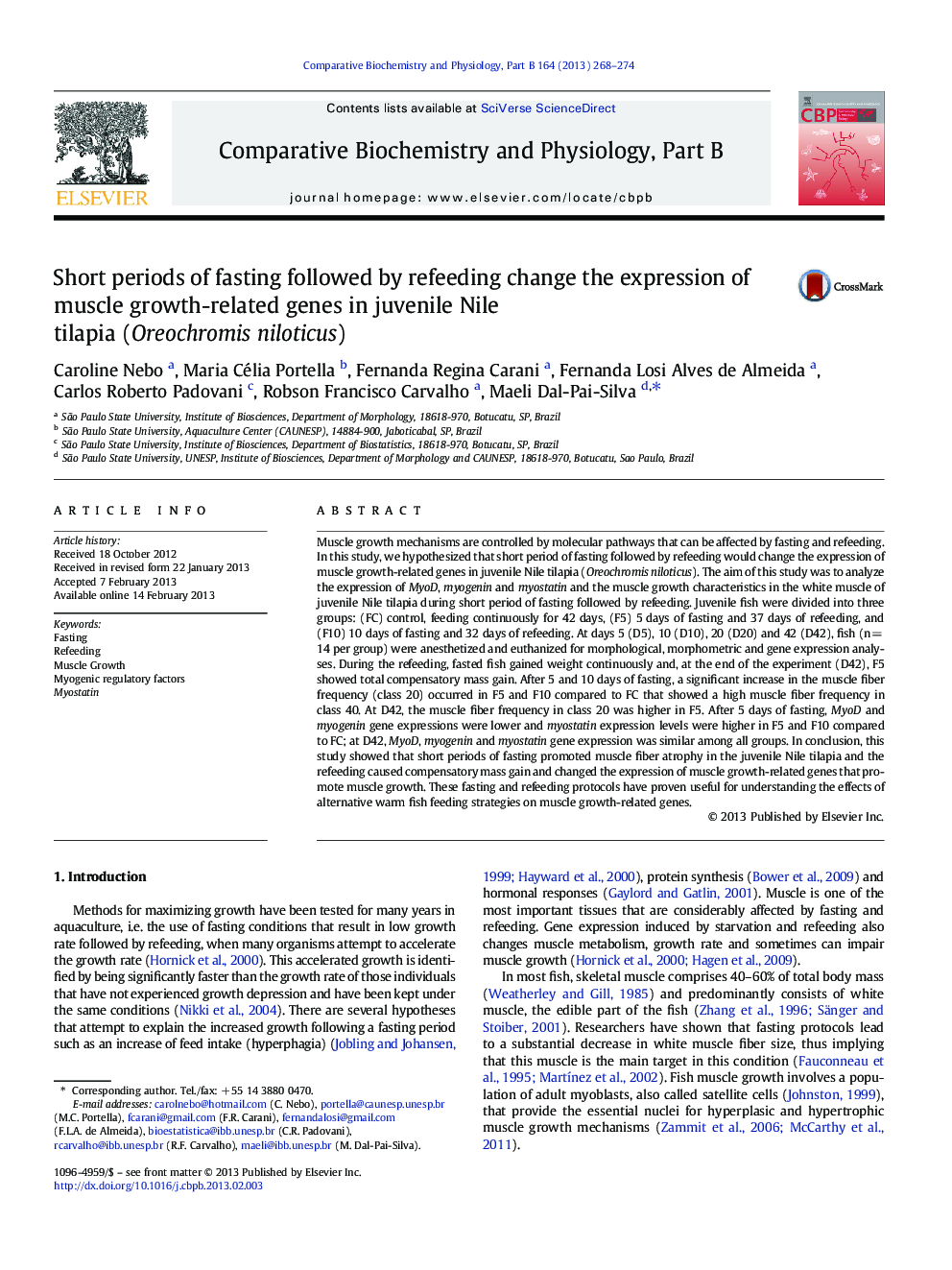 Short periods of fasting followed by refeeding change the expression of muscle growth-related genes in juvenile Nile tilapia (Oreochromis niloticus)