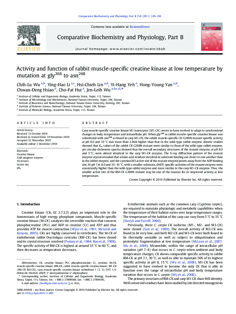 Activity and function of rabbit muscle-specific creatine kinase at low temperature by mutation at gly268 to asn268