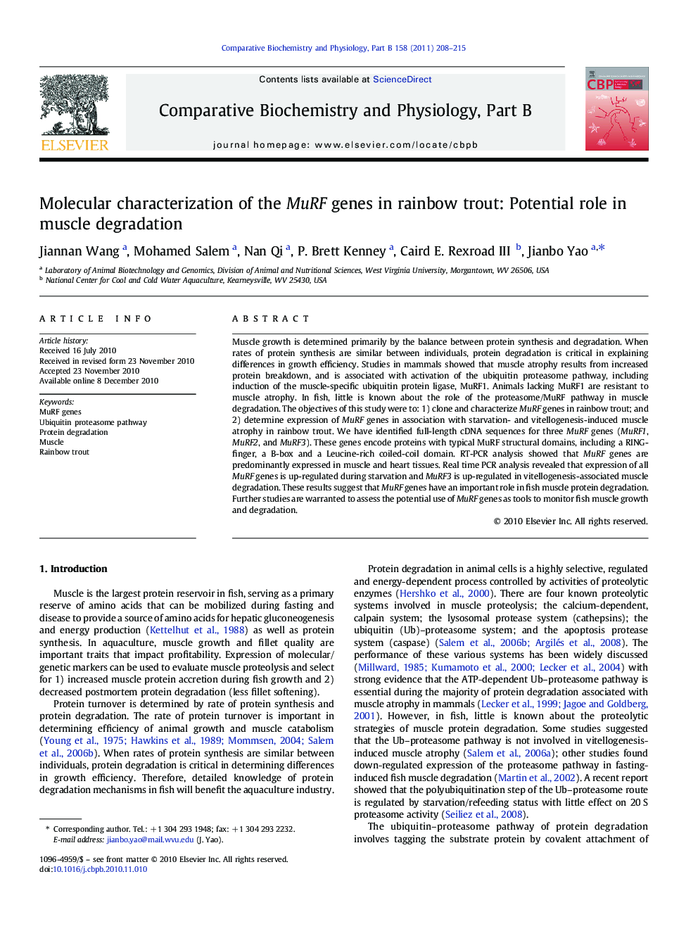 Molecular characterization of the MuRF genes in rainbow trout: Potential role in muscle degradation