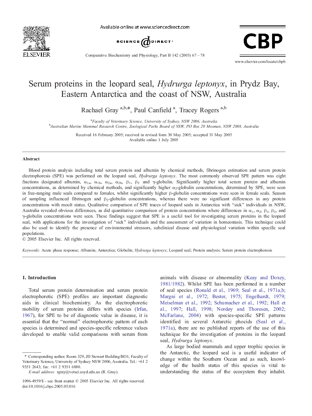 Serum proteins in the leopard seal, Hydrurga leptonyx, in Prydz Bay, Eastern Antarctica and the coast of NSW, Australia