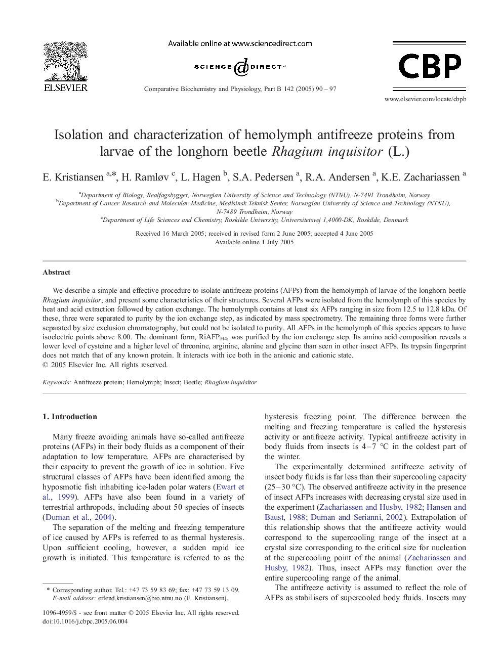 Isolation and characterization of hemolymph antifreeze proteins from larvae of the longhorn beetle Rhagium inquisitor (L.)