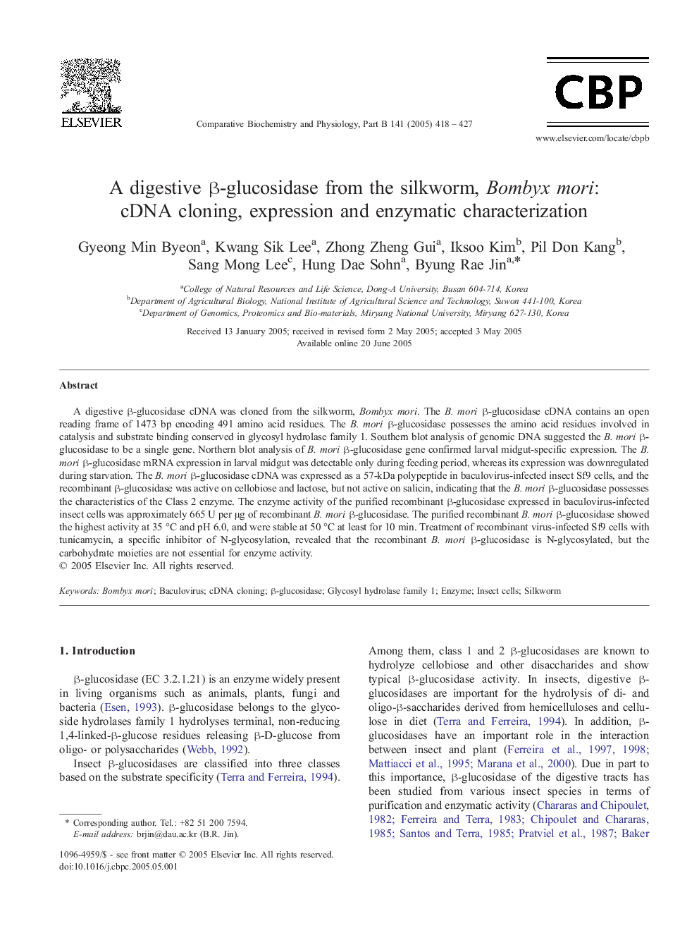 A digestive Î²-glucosidase from the silkworm, Bombyx mori: cDNA cloning, expression and enzymatic characterization