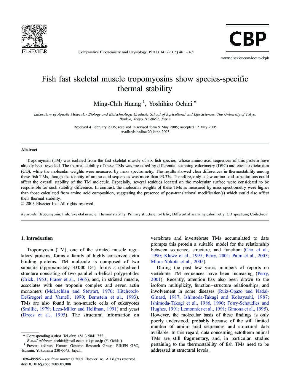 Fish fast skeletal muscle tropomyosins show species-specific thermal stability