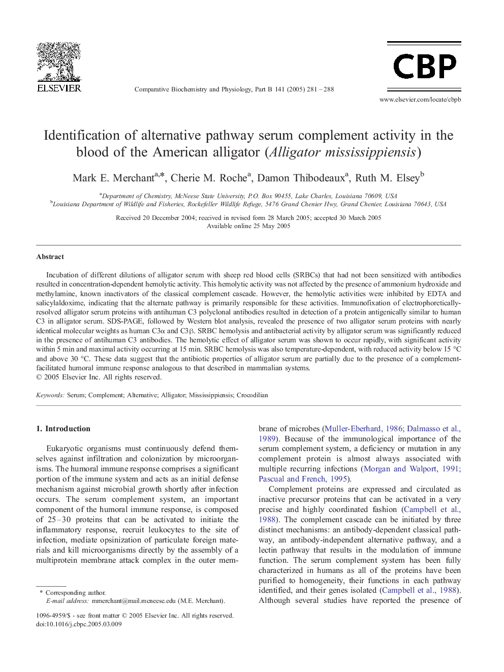 Identification of alternative pathway serum complement activity in the blood of the American alligator (Alligator mississippiensis)