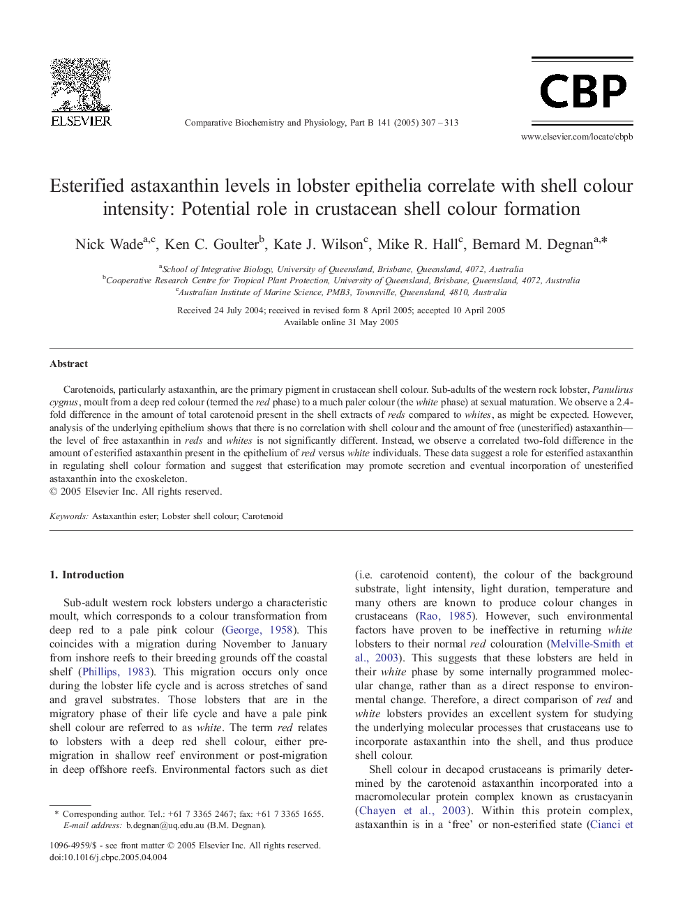 Esterified astaxanthin levels in lobster epithelia correlate with shell colour intensity: Potential role in crustacean shell colour formation