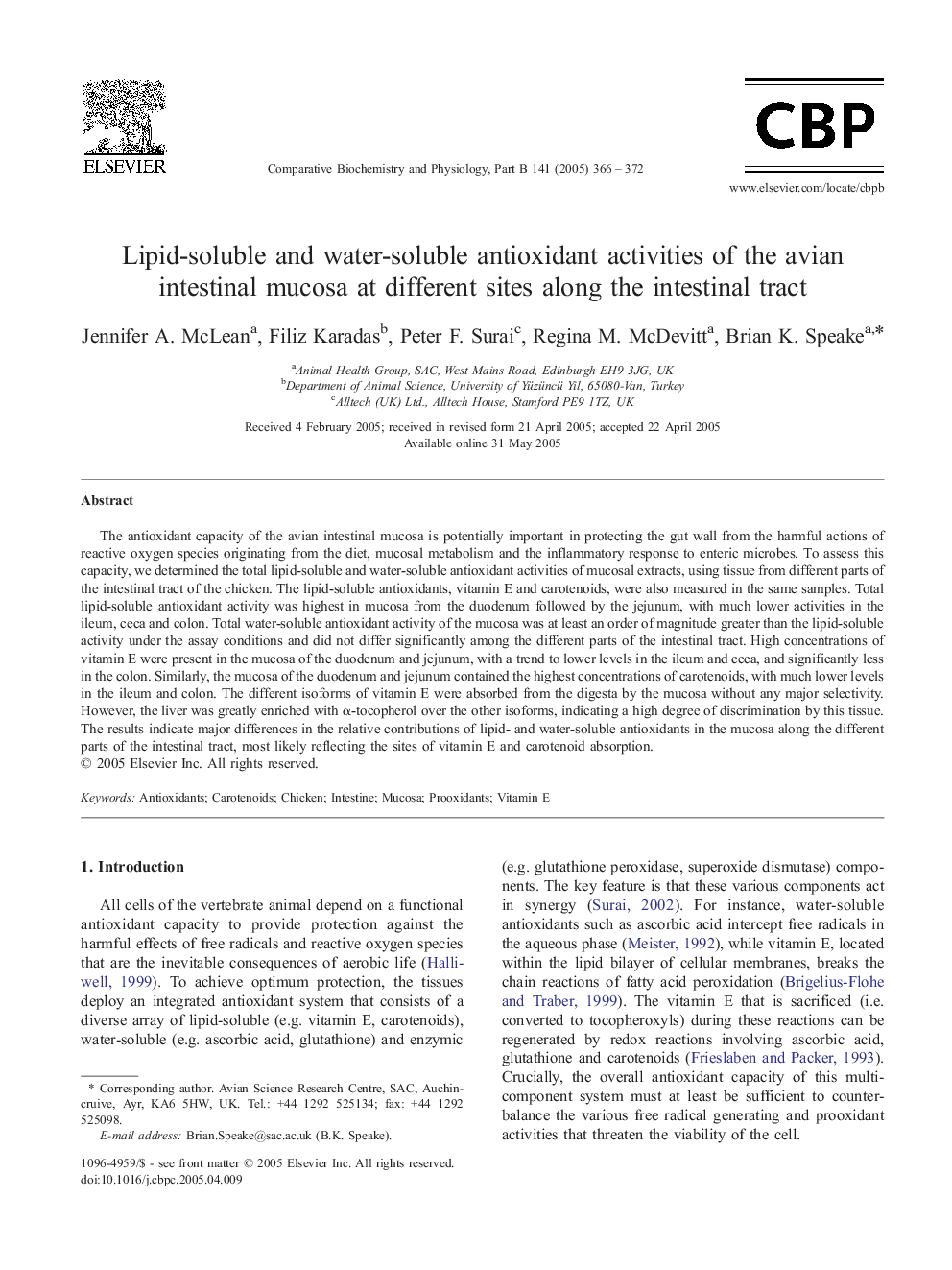 Lipid-soluble and water-soluble antioxidant activities of the avian intestinal mucosa at different sites along the intestinal tract