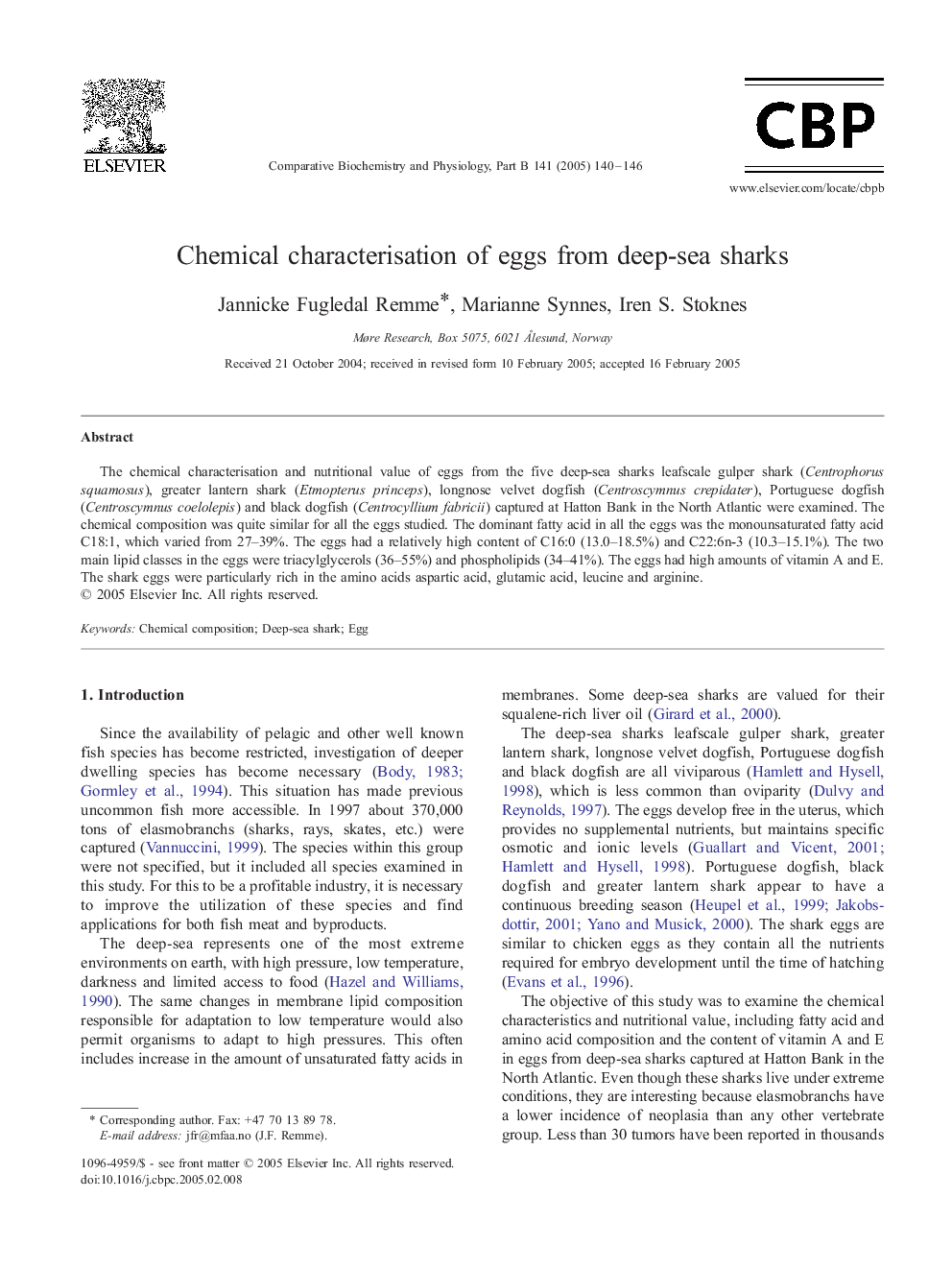 Chemical characterisation of eggs from deep-sea sharks