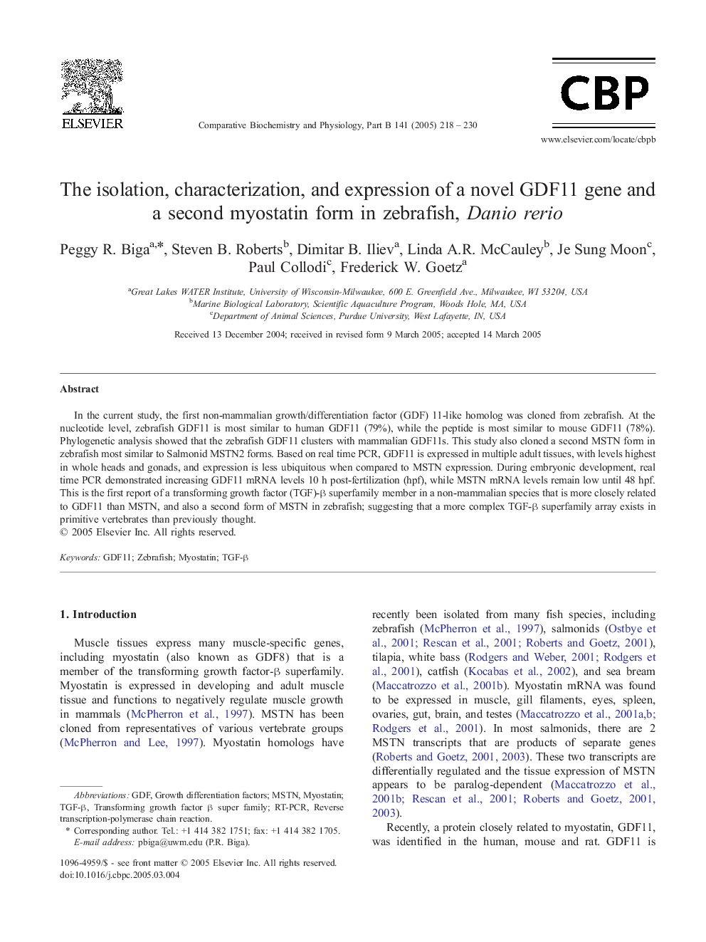 عکس صفحه اول مقاله: The isolation, characterization, and expression of a novel GDF11 gene and a second myostatin form in zebrafish, Danio rerio The isolation, characterization, and expression of a novel GDF11 gene and a second myostatin form in zebrafish, Danio rerio