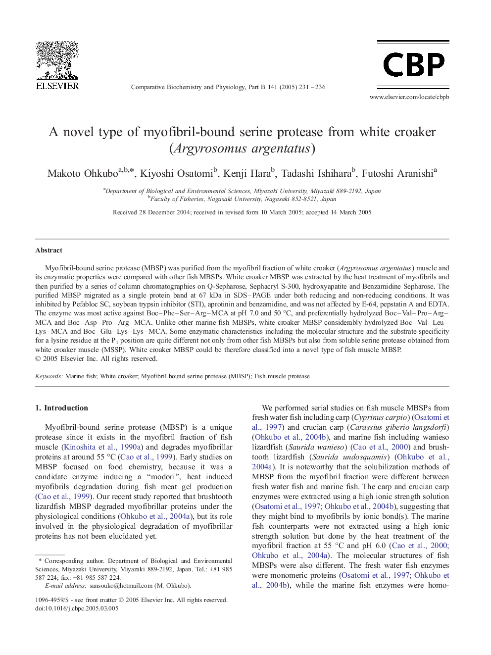 A novel type of myofibril-bound serine protease from white croaker (Argyrosomus argentatus)