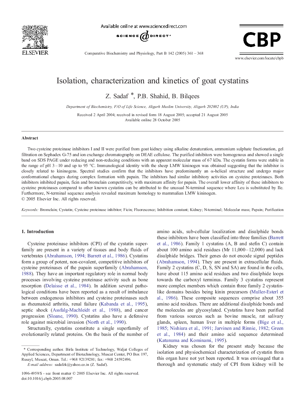 Isolation, characterization and kinetics of goat cystatins