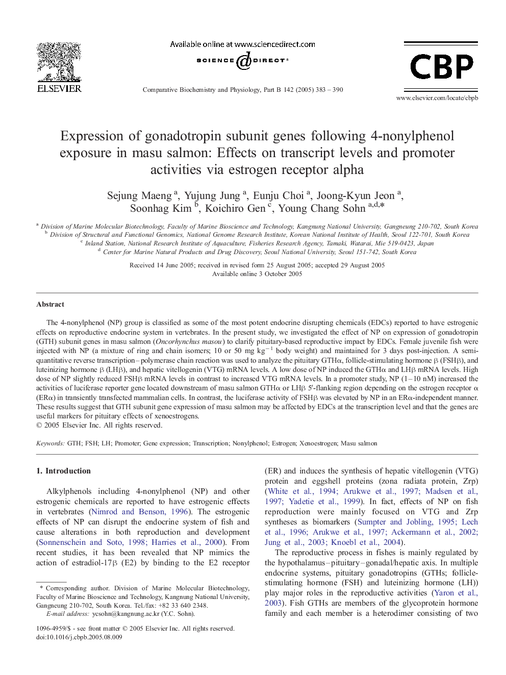 Expression of gonadotropin subunit genes following 4-nonylphenol exposure in masu salmon: Effects on transcript levels and promoter activities via estrogen receptor alpha