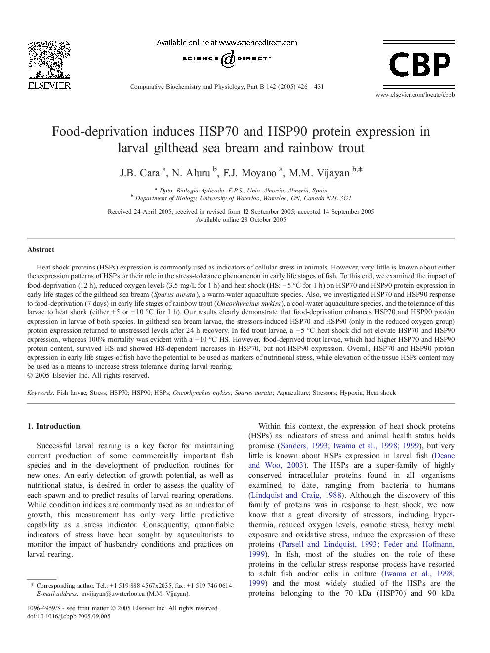 Food-deprivation induces HSP70 and HSP90 protein expression in larval gilthead sea bream and rainbow trout