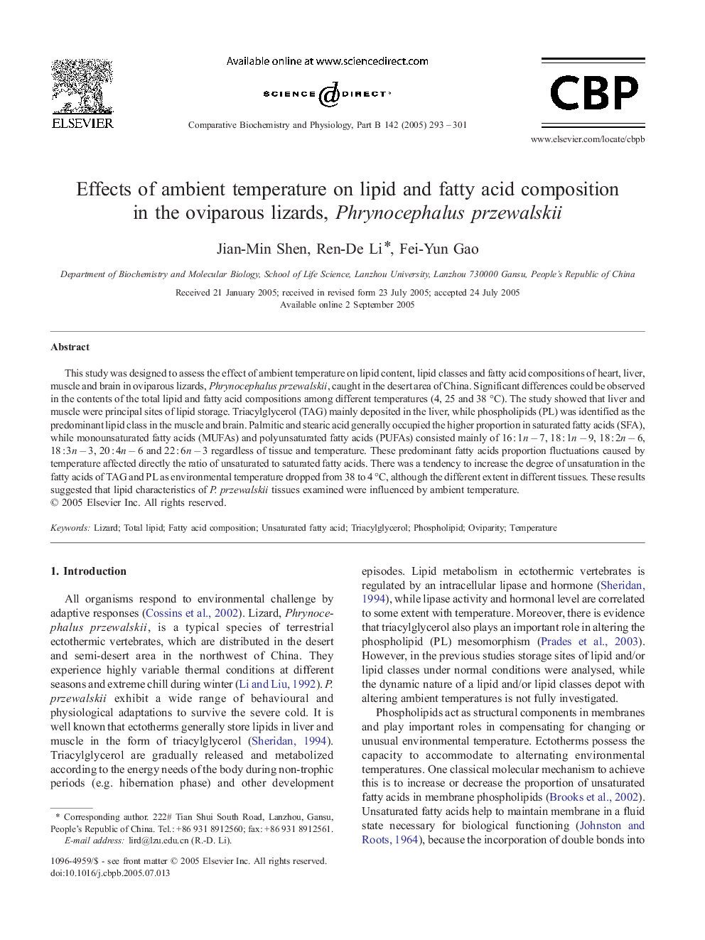 Effects of ambient temperature on lipid and fatty acid composition in the oviparous lizards, Phrynocephalus przewalskii