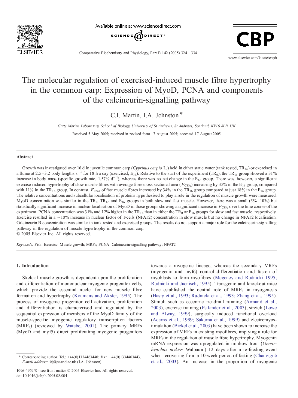 The molecular regulation of exercised-induced muscle fibre hypertrophy in the common carp: Expression of MyoD, PCNA and components of the calcineurin-signalling pathway