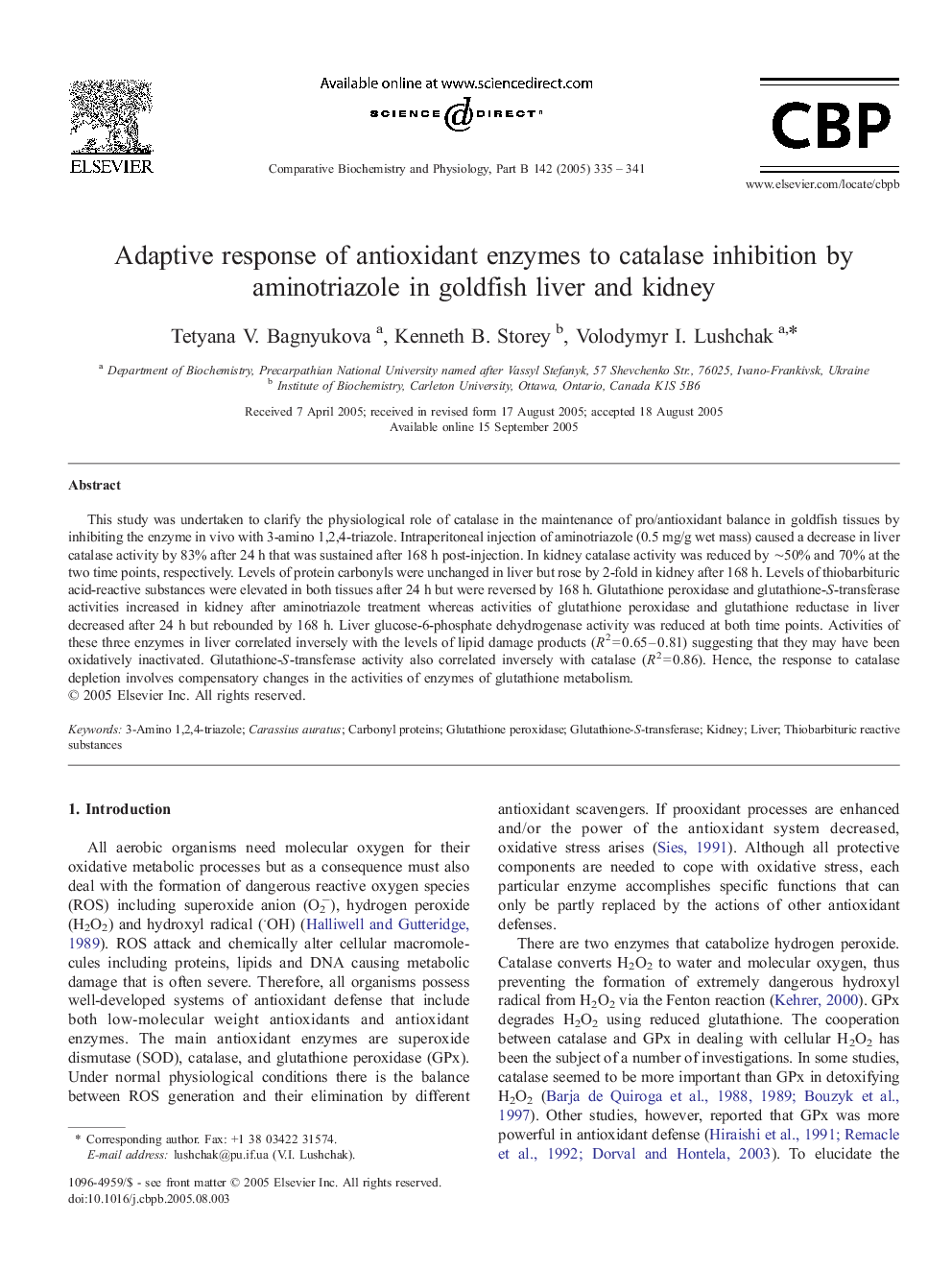 Adaptive response of antioxidant enzymes to catalase inhibition by aminotriazole in goldfish liver and kidney