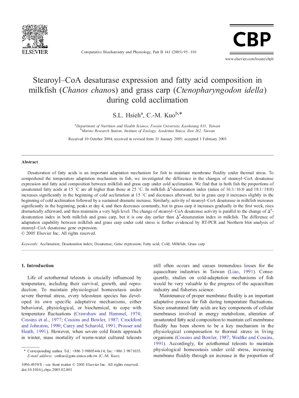 Stearoyl-CoA desaturase expression and fatty acid composition in milkfish (Chanos chanos) and grass carp (Ctenopharyngodon idella) during cold acclimation