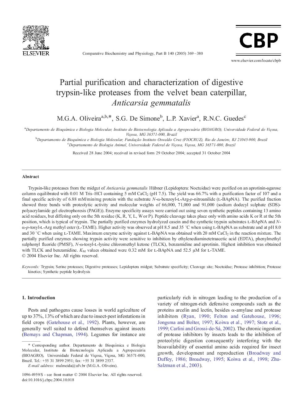 Partial purification and characterization of digestive trypsin-like proteases from the velvet bean caterpillar, Anticarsia gemmatalis