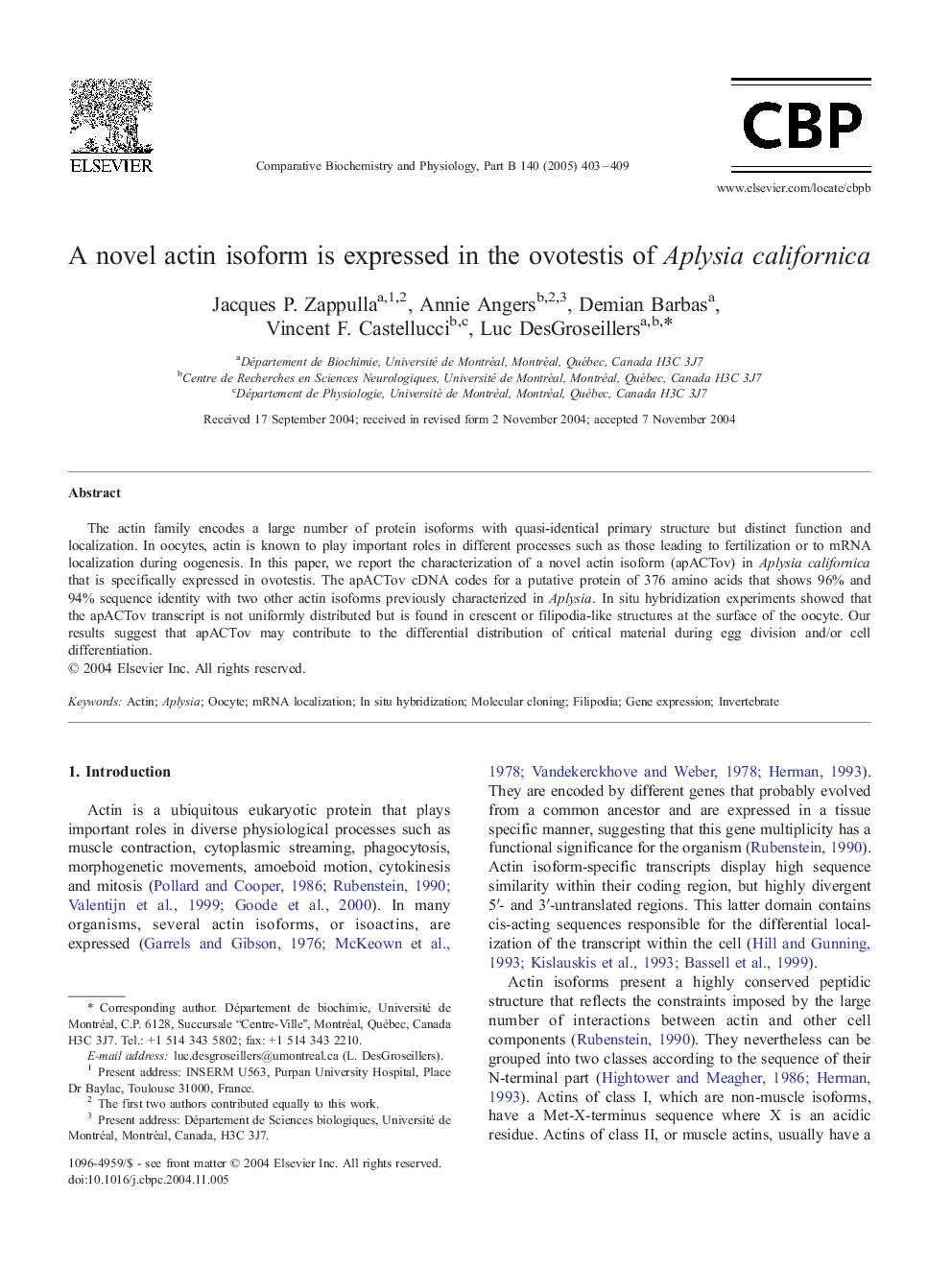 A novel actin isoform is expressed in the ovotestis of Aplysia californica