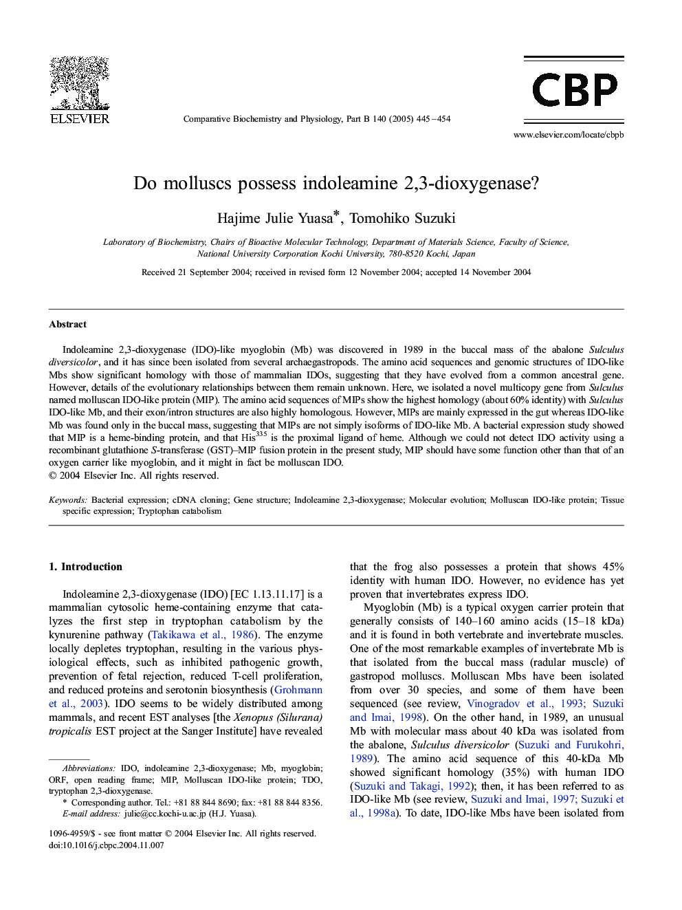 عکس صفحه اول مقاله: Do molluscs possess indoleamine 2,3-dioxygenase? Do molluscs possess indoleamine 2,3-dioxygenase?