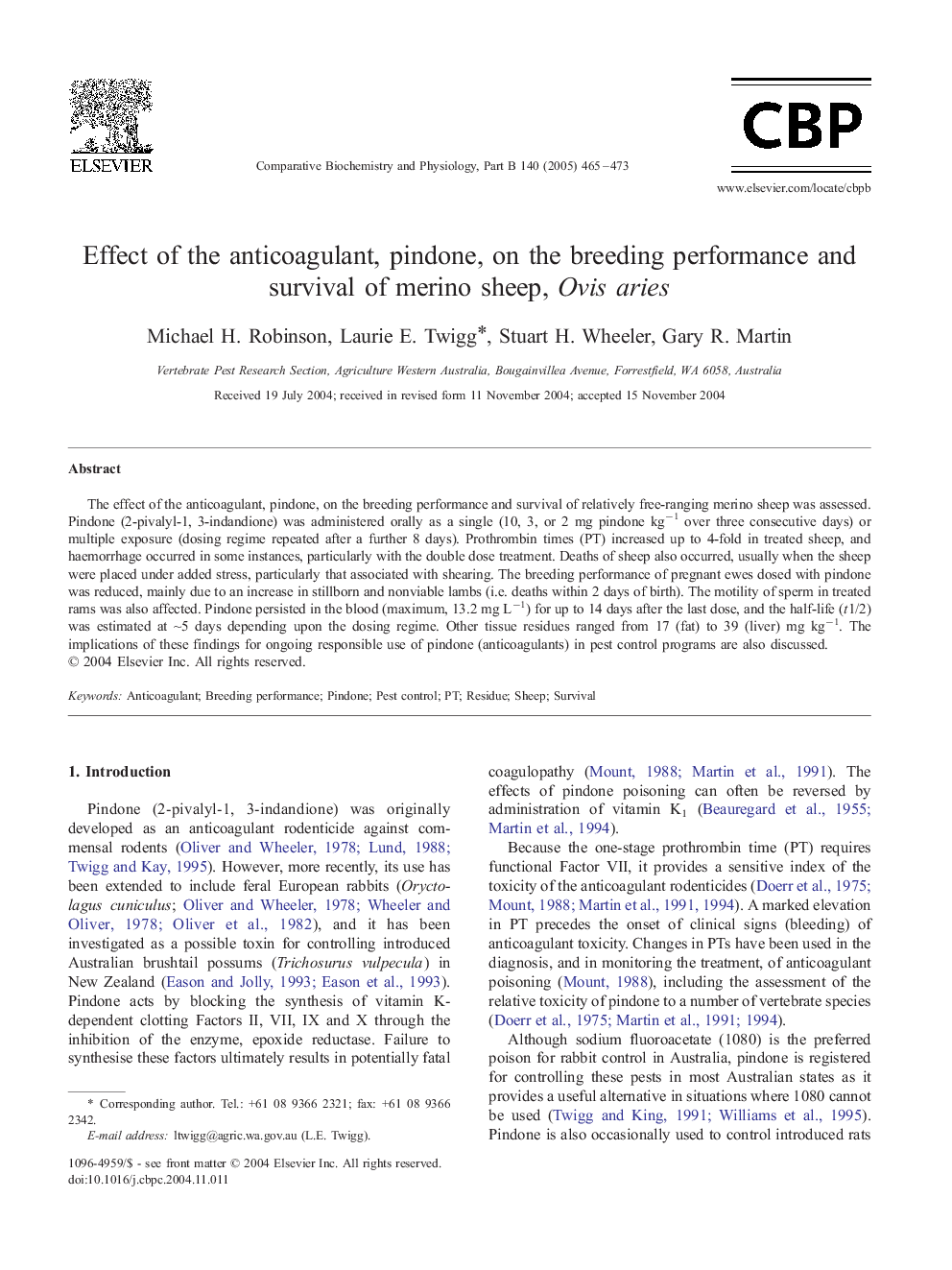 Effect of the anticoagulant, pindone, on the breeding performance and survival of merino sheep, Ovis aries