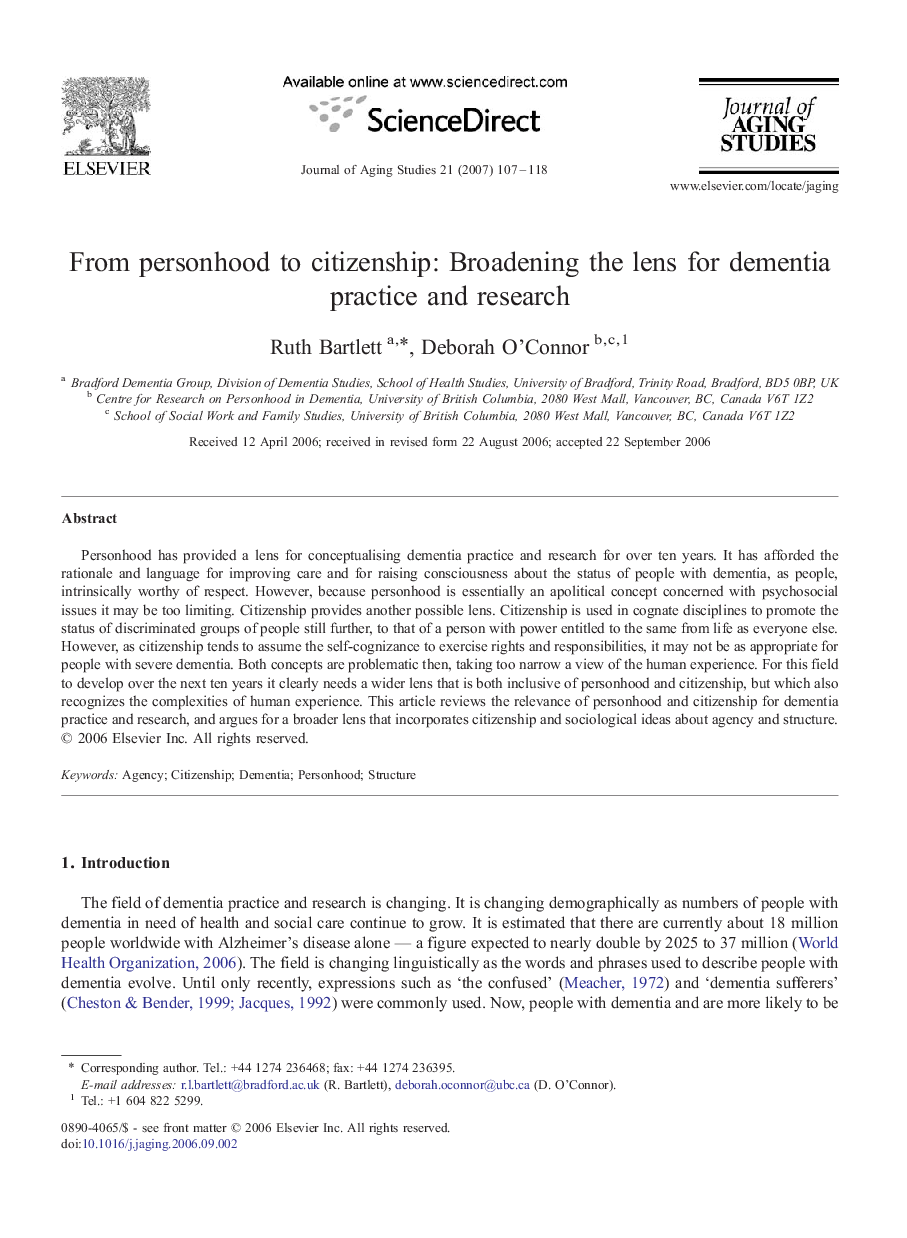 From personhood to citizenship: Broadening the lens for dementia practice and research