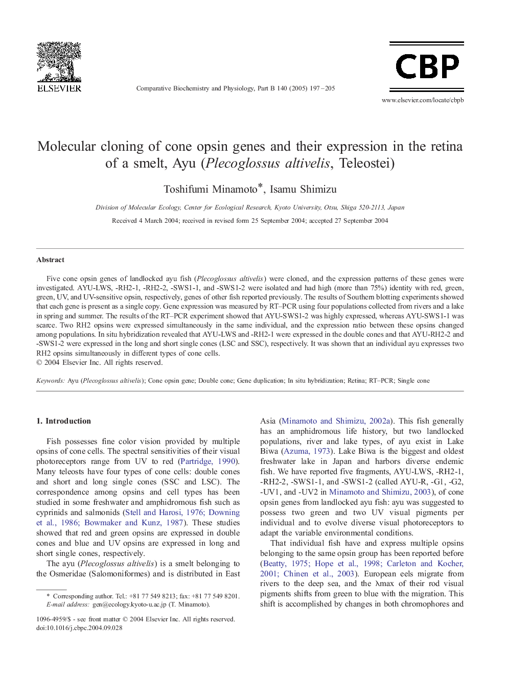 Molecular cloning of cone opsin genes and their expression in the retina of a smelt, Ayu (Plecoglossus altivelis, Teleostei)