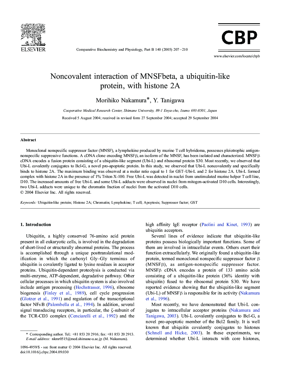 Noncovalent interaction of MNSFbeta, a ubiquitin-like protein, with histone 2A