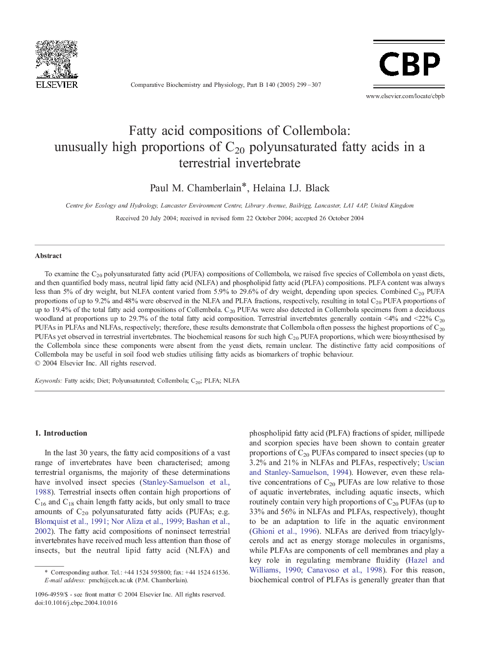 Fatty acid compositions of Collembola: unusually high proportions of C20 polyunsaturated fatty acids in a terrestrial invertebrate