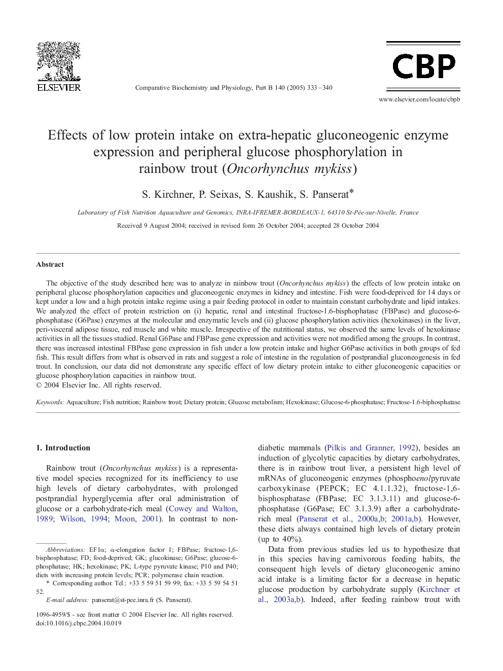 Effects of low protein intake on extra-hepatic gluconeogenic enzyme expression and peripheral glucose phosphorylation in rainbow trout (Oncorhynchus mykiss)