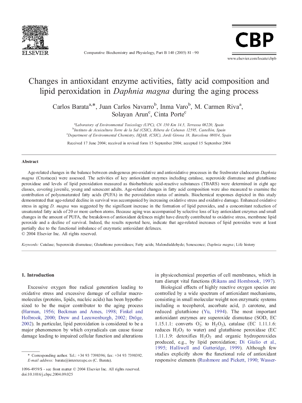 Changes in antioxidant enzyme activities, fatty acid composition and lipid peroxidation in Daphnia magna during the aging process