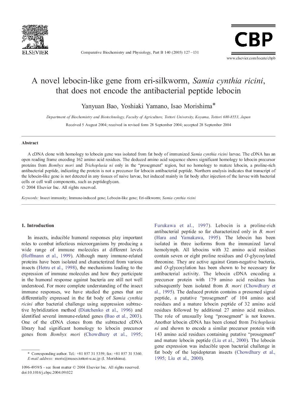 A novel lebocin-like gene from eri-silkworm, Samia cynthia ricini, that does not encode the antibacterial peptide lebocin