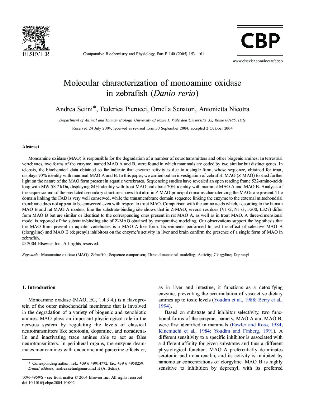 Molecular characterization of monoamine oxidase in zebrafish (Danio rerio)