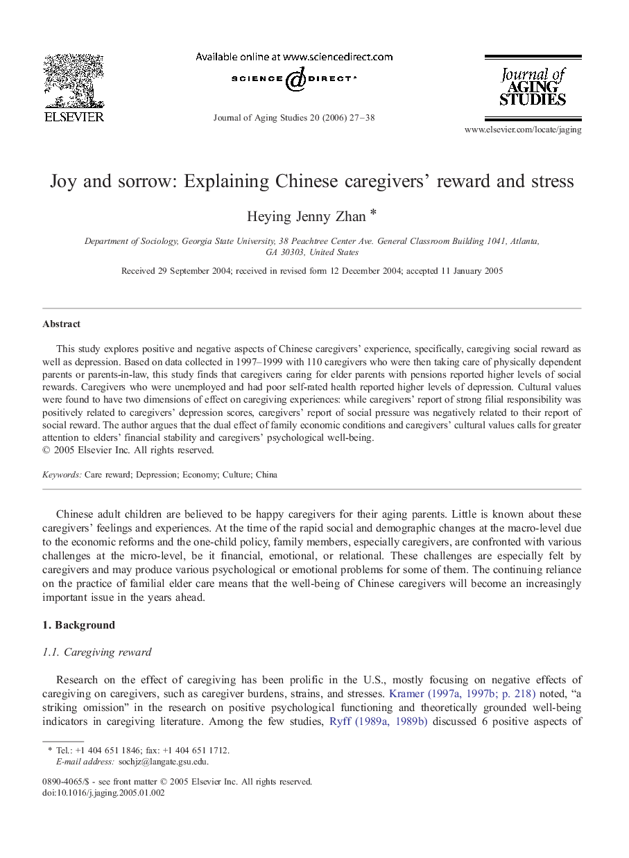 Joy and sorrow: Explaining Chinese caregivers' reward and stress