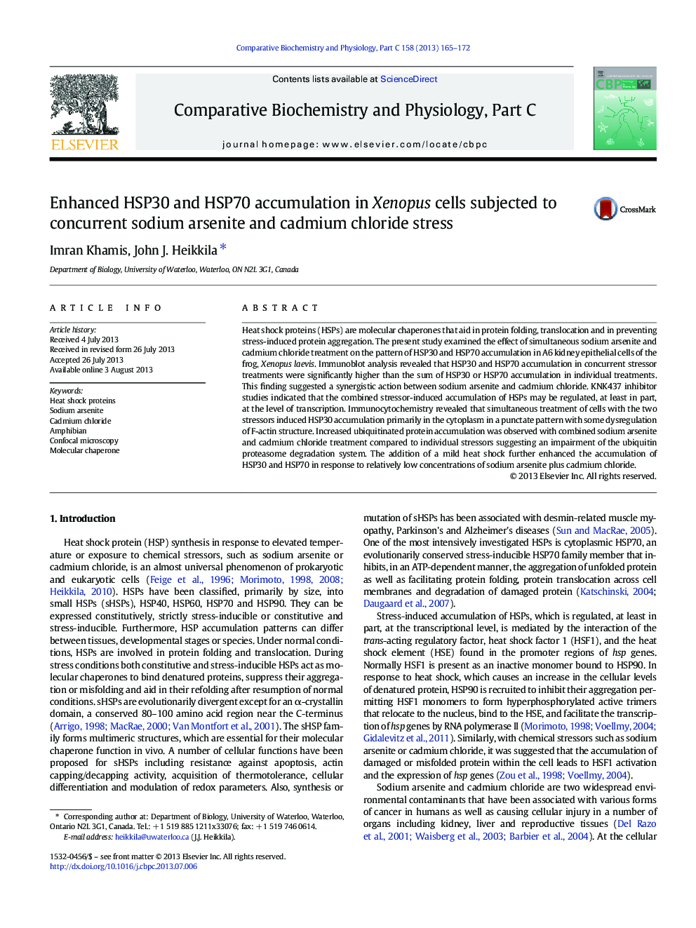 Enhanced HSP30 and HSP70 accumulation in Xenopus cells subjected to concurrent sodium arsenite and cadmium chloride stress