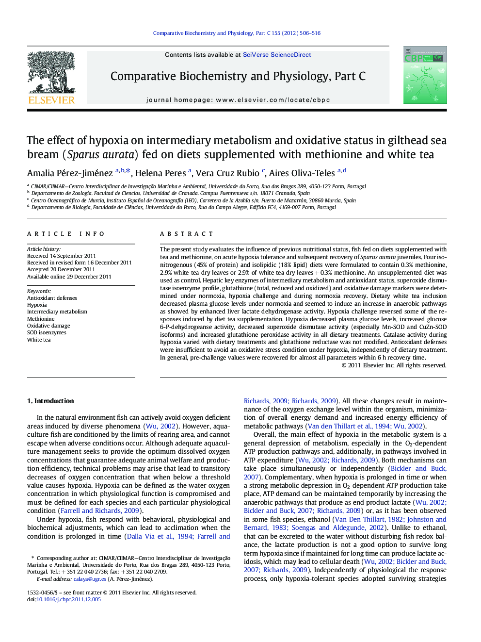 The effect of hypoxia on intermediary metabolism and oxidative status in gilthead sea bream (Sparus aurata) fed on diets supplemented with methionine and white tea