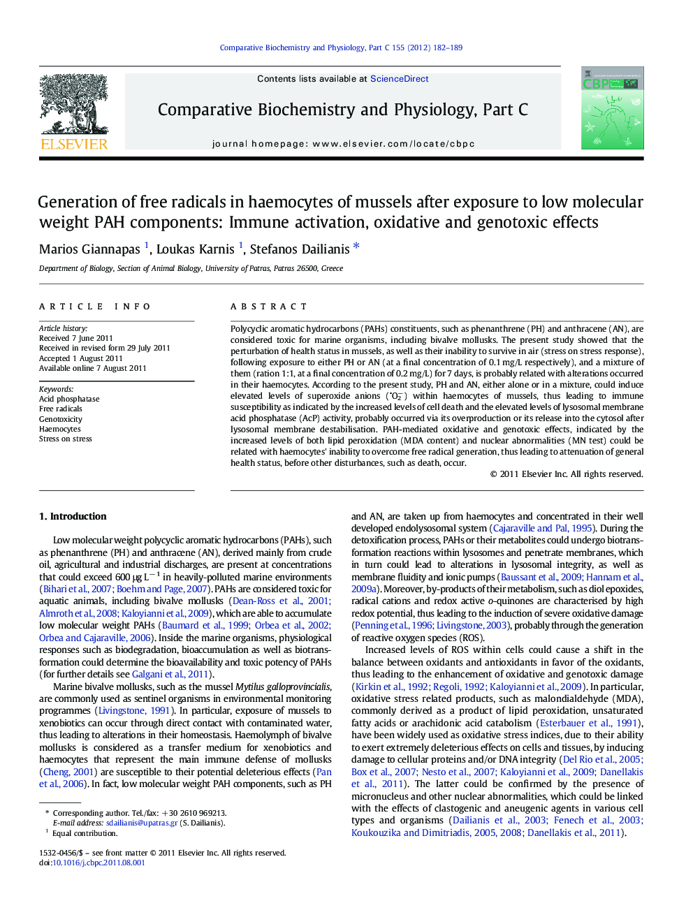 Generation of free radicals in haemocytes of mussels after exposure to low molecular weight PAH components: Immune activation, oxidative and genotoxic effects