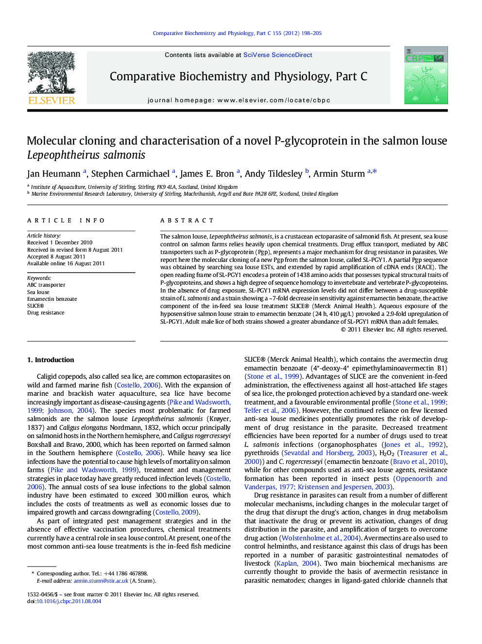 Molecular cloning and characterisation of a novel P-glycoprotein in the salmon louse Lepeophtheirus salmonis