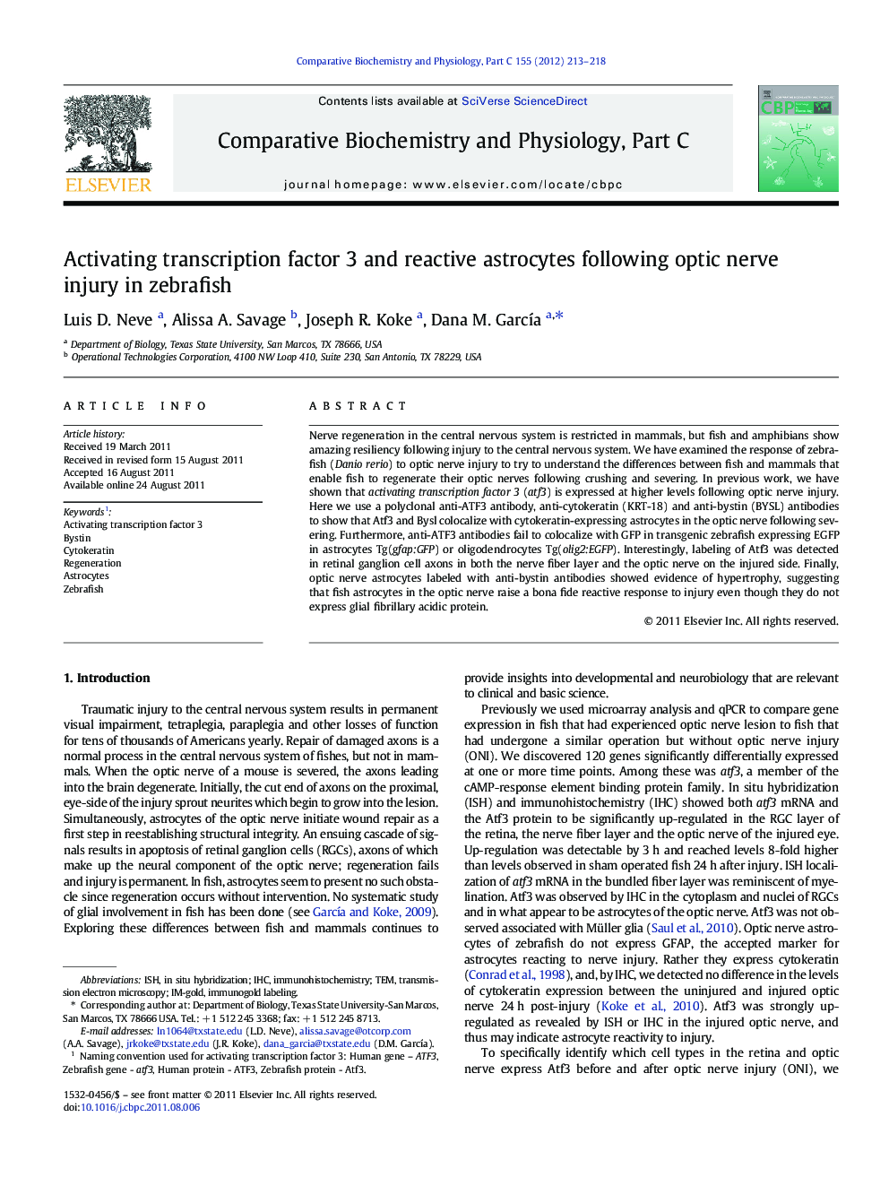 Activating transcription factor 3 and reactive astrocytes following optic nerve injury in zebrafish