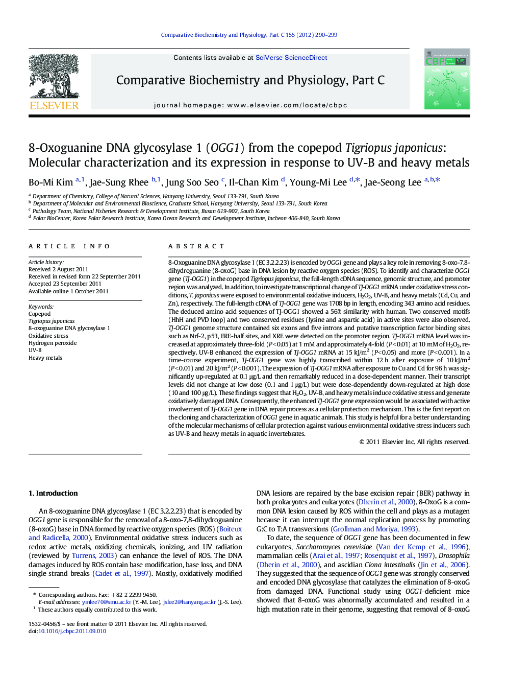 8-Oxoguanine DNA glycosylase 1 (OGG1) from the copepod Tigriopus japonicus: Molecular characterization and its expression in response to UV-B and heavy metals
