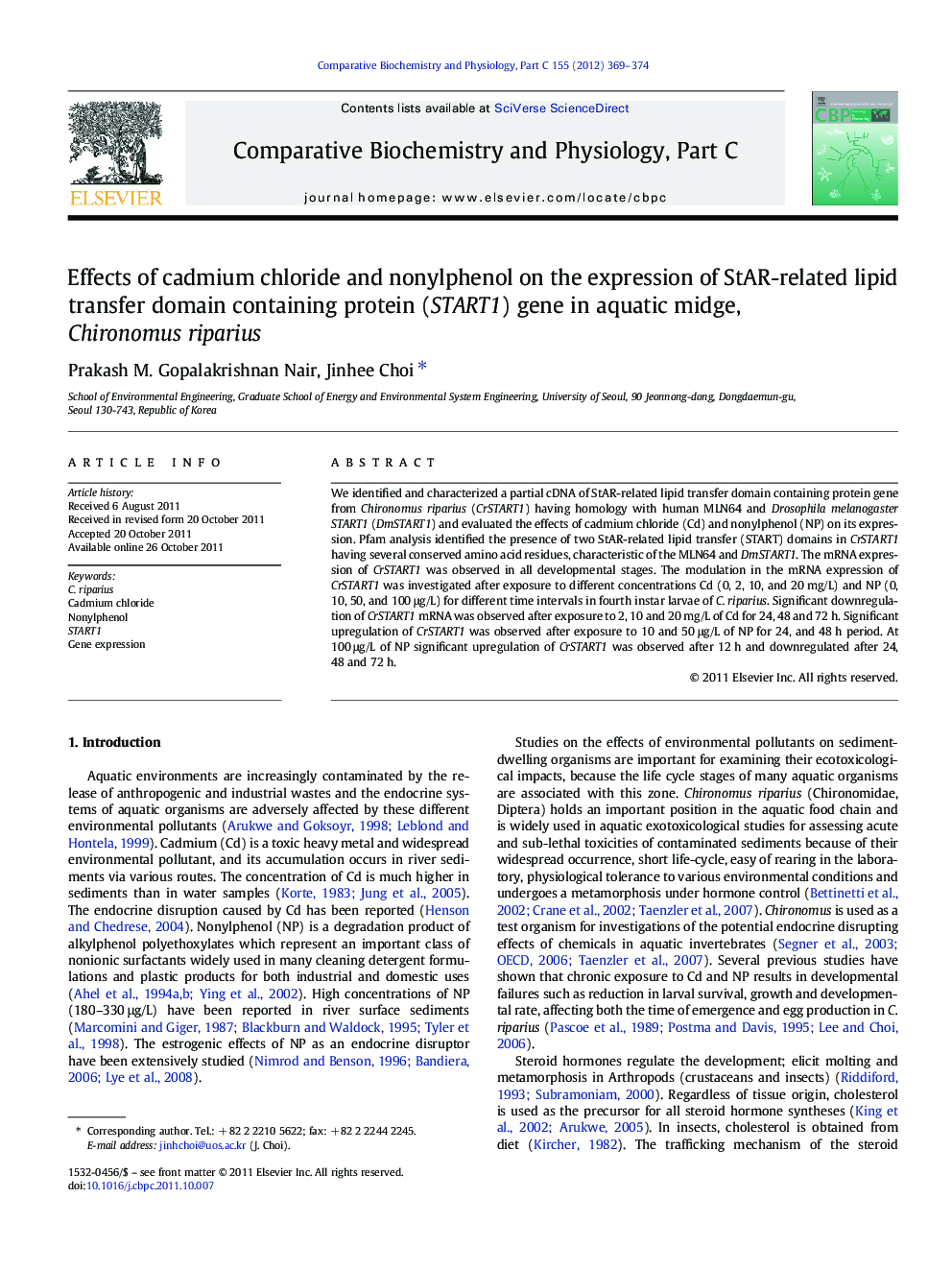 Effects of cadmium chloride and nonylphenol on the expression of StAR-related lipid transfer domain containing protein (START1) gene in aquatic midge, Chironomus riparius
