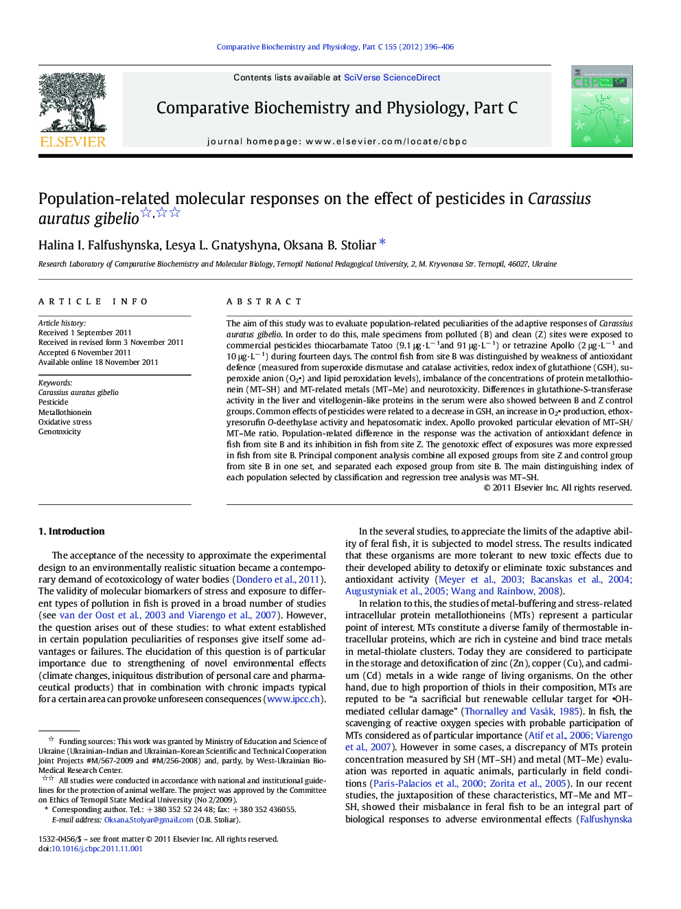 Population-related molecular responses on the effect of pesticides in Carassius auratus gibelio