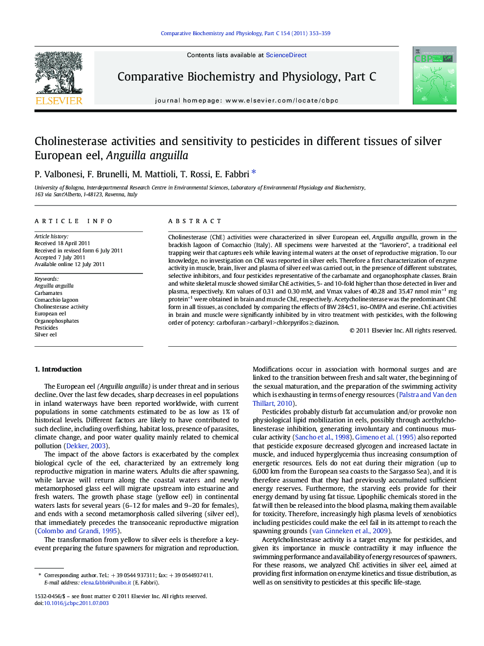 Cholinesterase activities and sensitivity to pesticides in different tissues of silver European eel, Anguilla anguilla