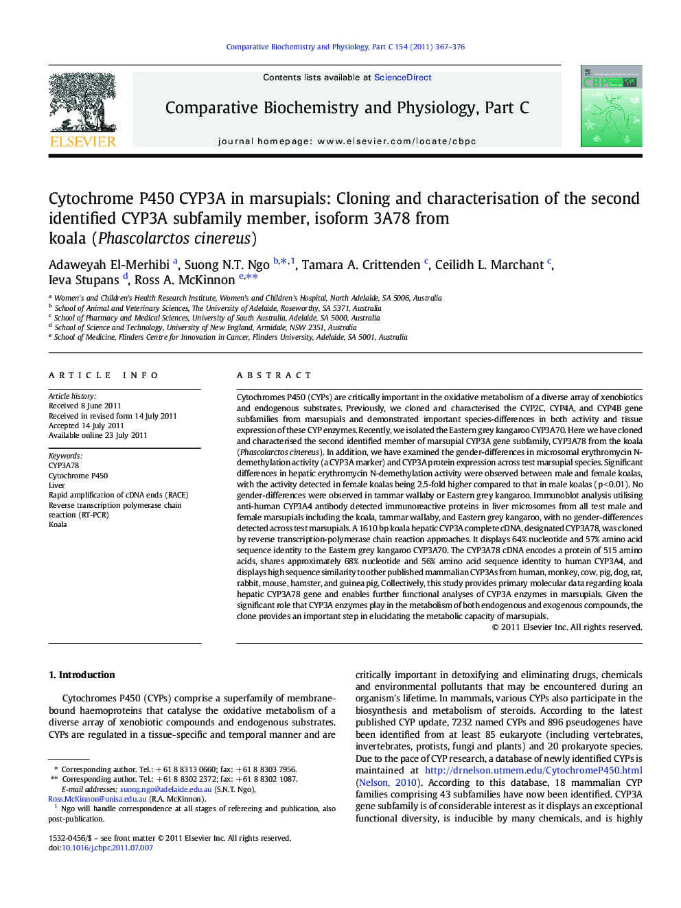 Cytochrome P450 CYP3A in marsupials: Cloning and characterisation of the second identified CYP3A subfamily member, isoform 3A78 from koala (Phascolarctos cinereus)