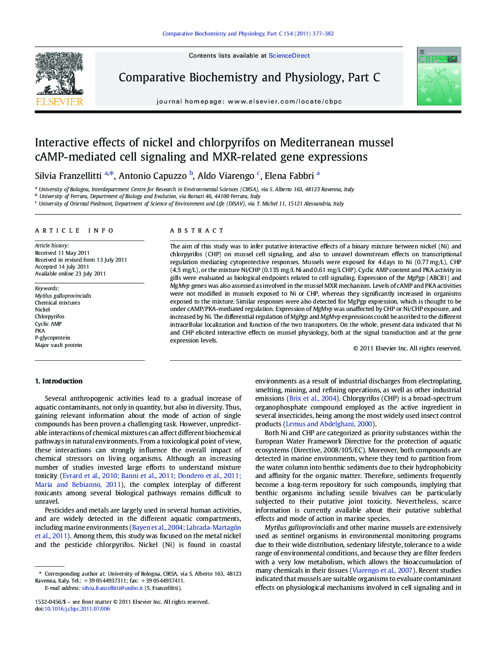 Interactive effects of nickel and chlorpyrifos on Mediterranean mussel cAMP-mediated cell signaling and MXR-related gene expressions