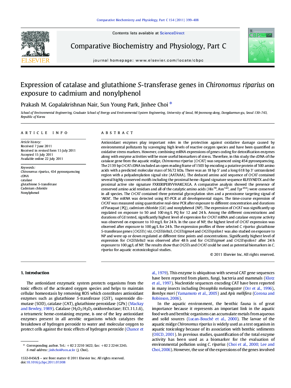 Expression of catalase and glutathione S-transferase genes in Chironomus riparius on exposure to cadmium and nonylphenol