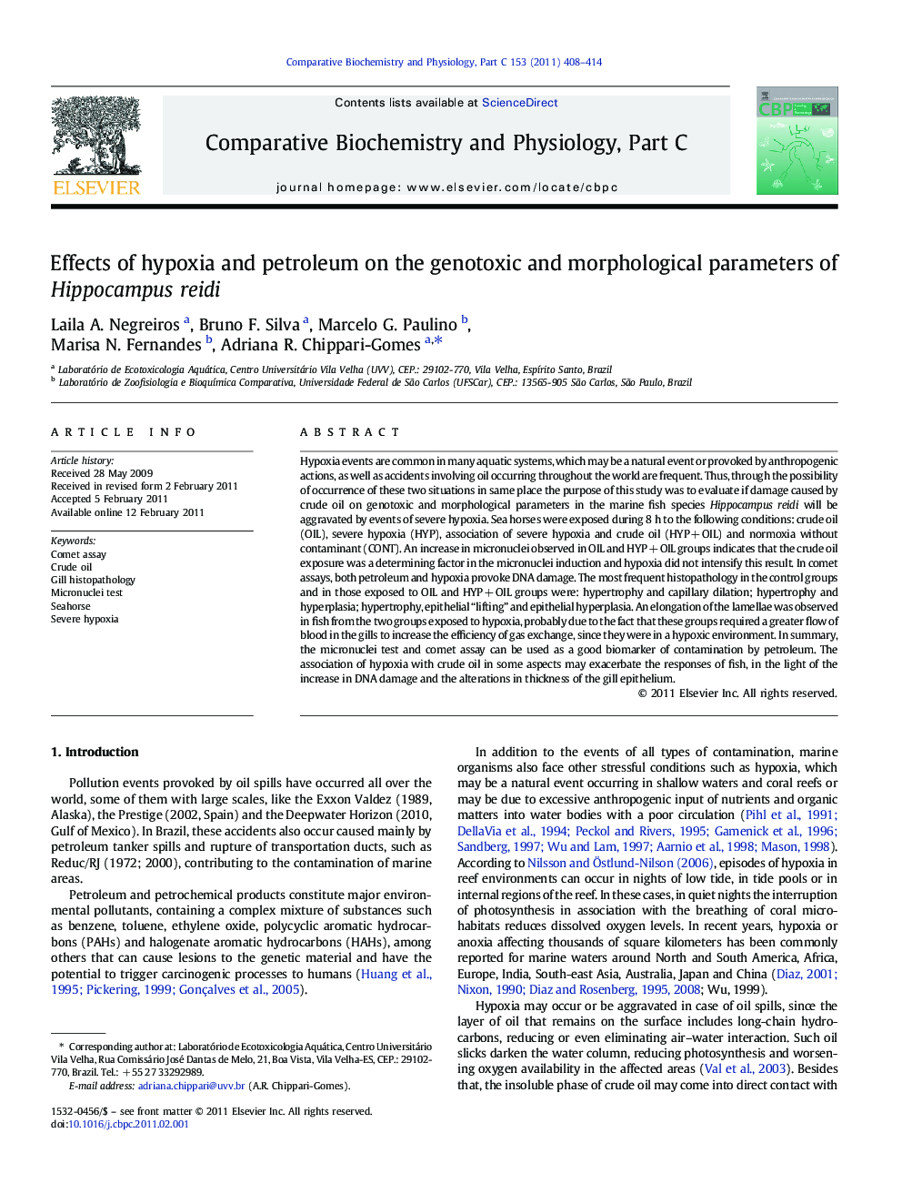 Effects of hypoxia and petroleum on the genotoxic and morphological parameters of Hippocampus reidi