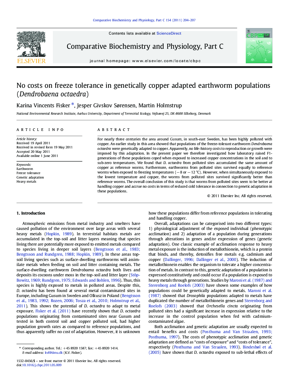 No costs on freeze tolerance in genetically copper adapted earthworm populations (Dendrobaena octaedra)