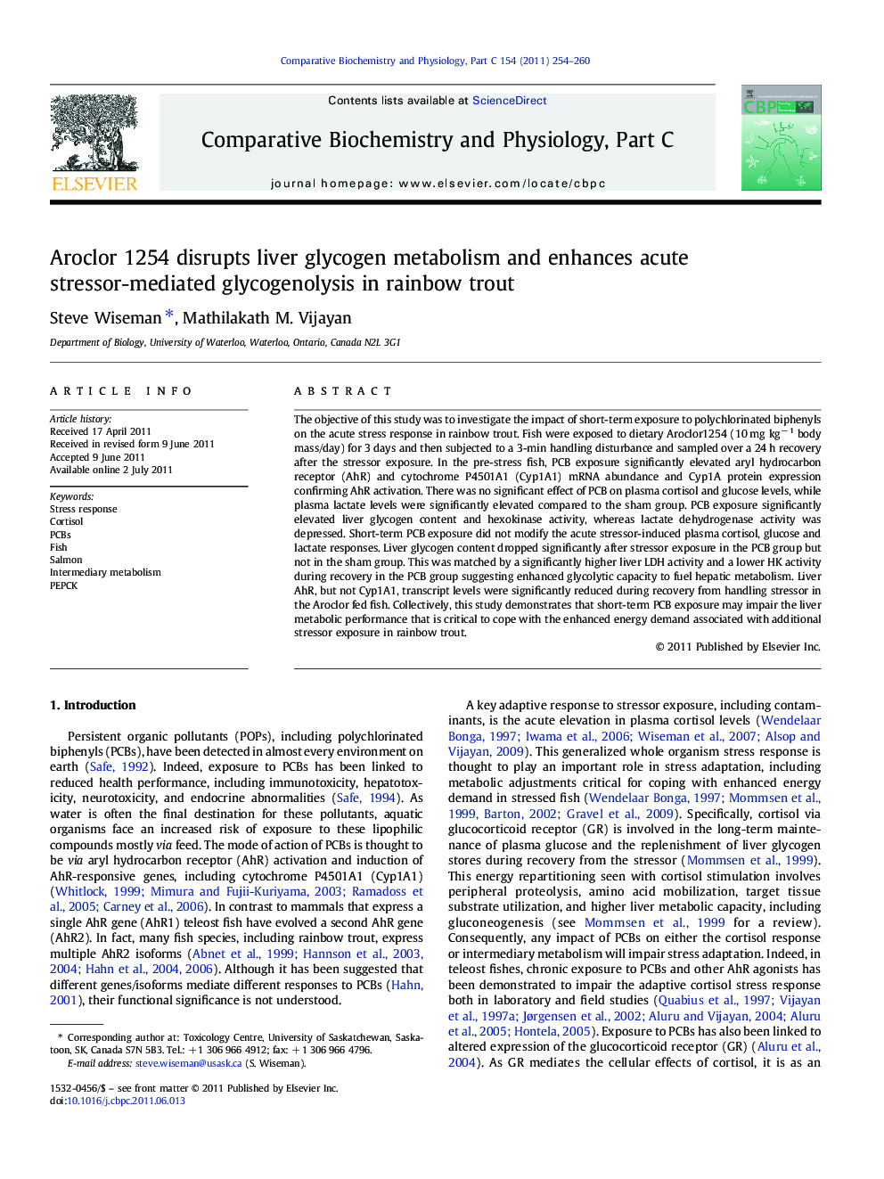 Aroclor 1254 disrupts liver glycogen metabolism and enhances acute stressor-mediated glycogenolysis in rainbow trout