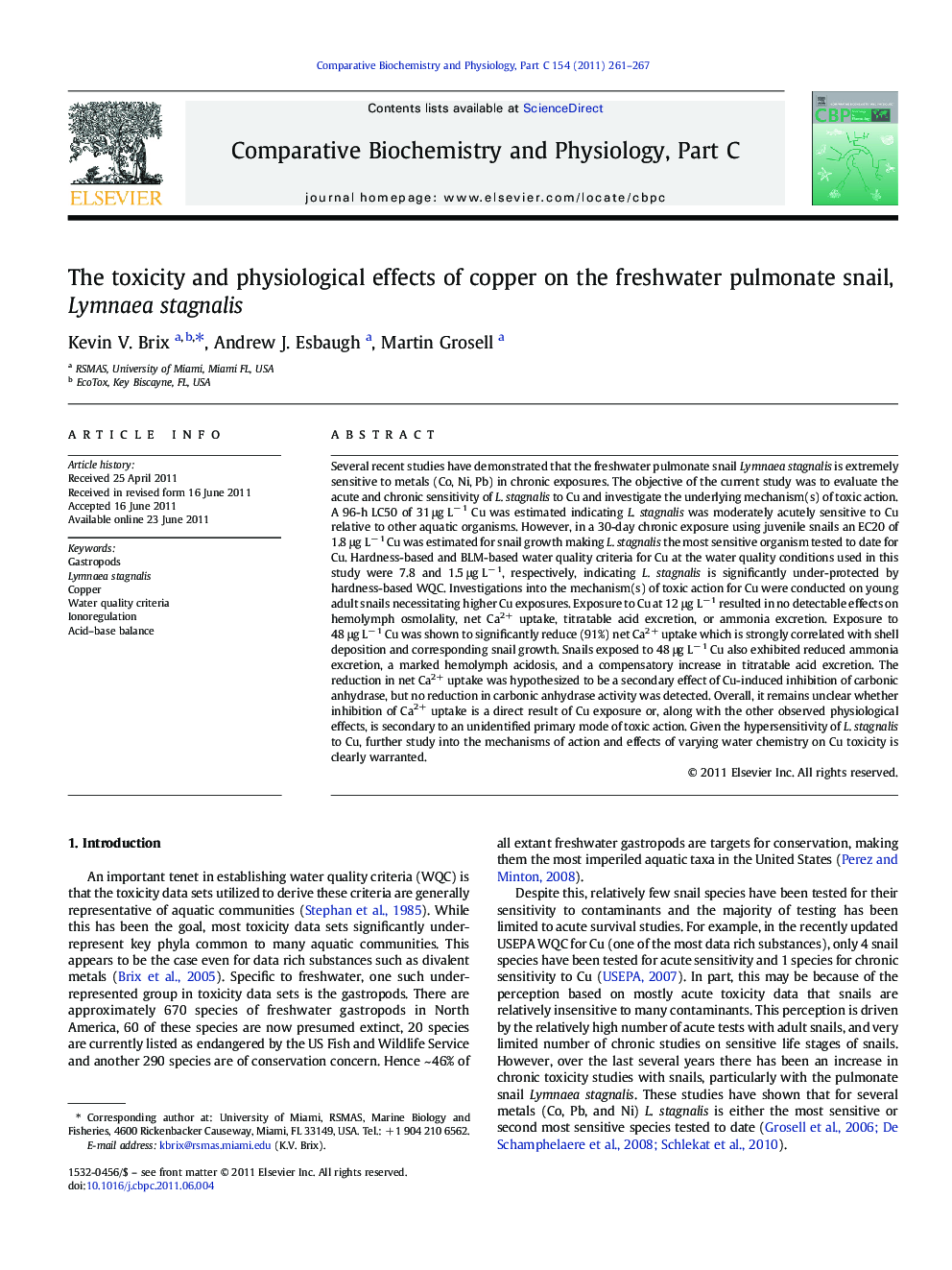 The toxicity and physiological effects of copper on the freshwater pulmonate snail, Lymnaea stagnalis